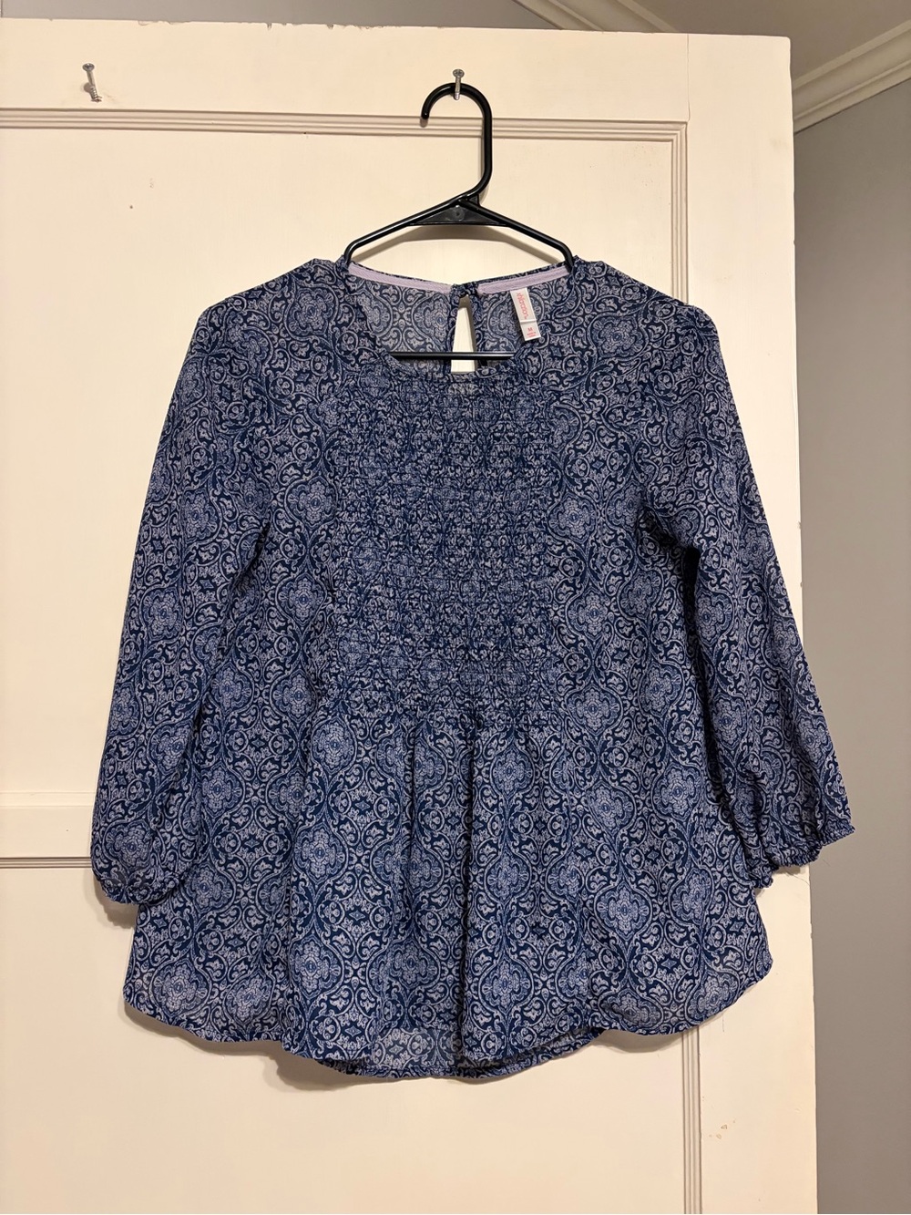 Xhilaration Blue Printed Smocked Peasant Top